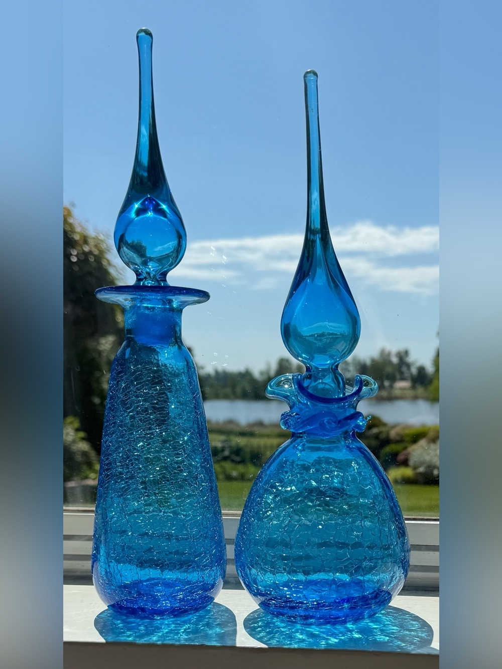 Lot of 2 Vtg MCM Rainbow Pinched Blue Crackle Glass Decanter with Flame Stopper